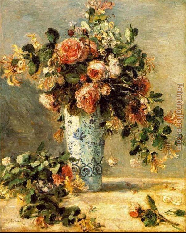 Roses And Jasmine In A Delft Vase painting - Pierre Auguste Renoir Roses And Jasmine In A Delft Vase art painting